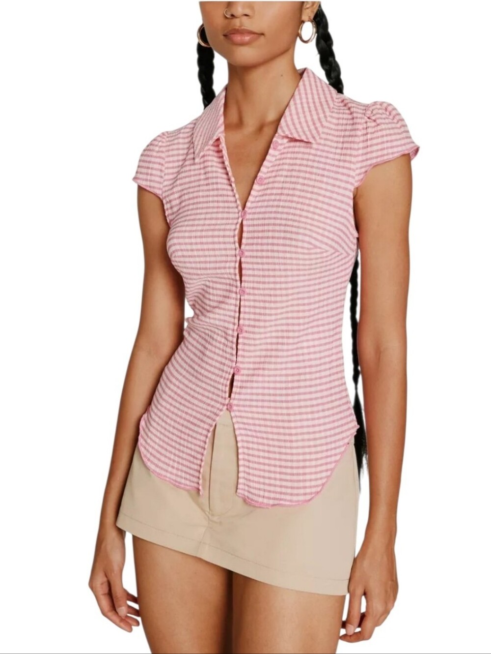 Women's Kimchi Blue Pink Gingham Button Down Shirt Sz Small
